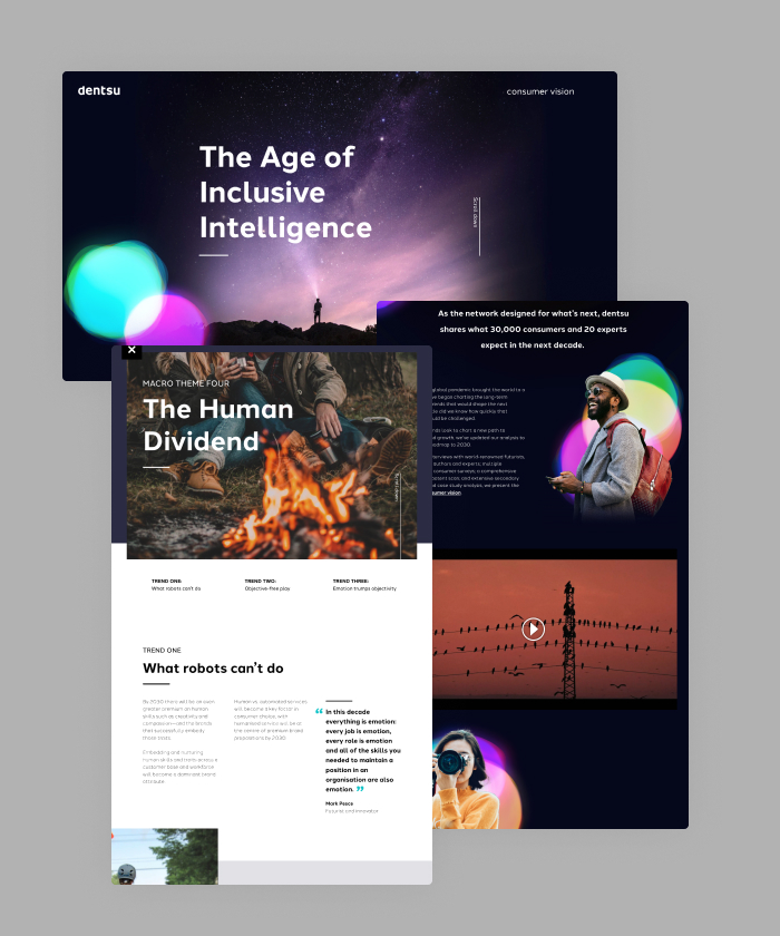 In this interactive whitepaper, Dentsu shares what 30,000 customers and 20 experts expect in the next decade. Scrolling animations and mouse movement effects turn this whitepaper into an engaging experience.