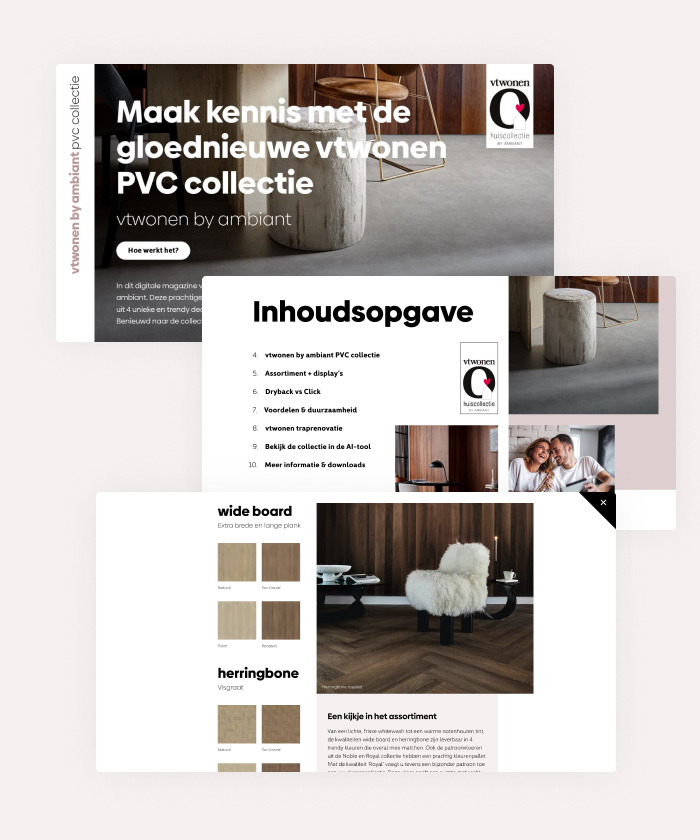 In this interactive brochure, Cotap introduces the newest collection of PVC floors by Ambiant. Through extensive layering and interactions, the audience can really experience the floors before buying them.