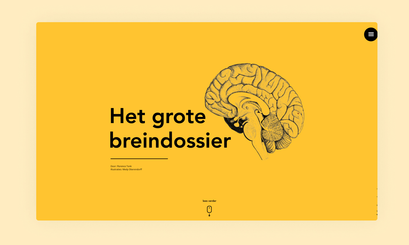 This feature highlight combines hover actions, scrolling animations and sticky elements to explain the brain.