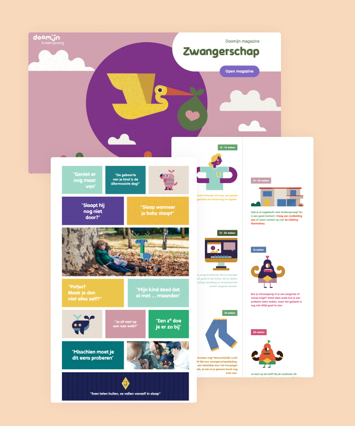 In this digital magazine on pregnancy, Doomijn uses interactive timelines and custom animations to show pregnant people all they need to know to get ready for parenthood.