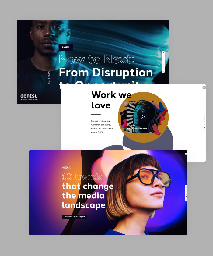 In this digital report, Dentsu reflects on recent changes in the EMEA region to help clients navigate the now, and design for what's next. Using custom buttons and animations, the publication is turned into an interactive experience.