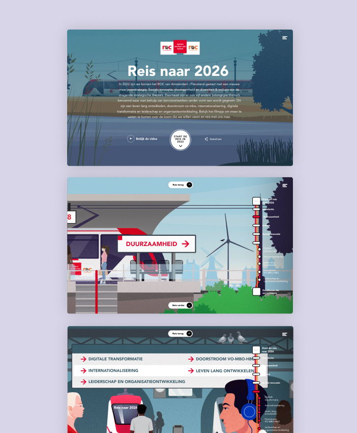 Hop on the train and discover 'ROC van Amsterdam's' multi-year strategy for 2026. Visualised in an interactive storytelling journey.