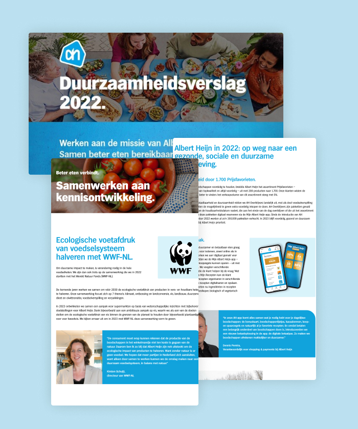 In this sustainability report, Albert Heijn reviews its efforts on social & environmental impact in 2022.