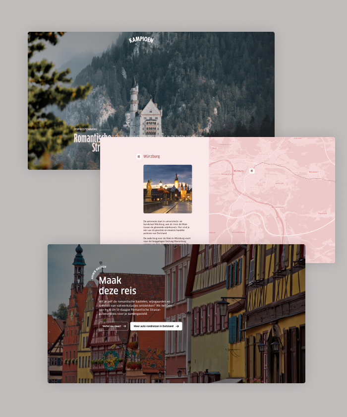 This section of the ANWB magazine top destinations takes you along the romantic street that runs through Germany. The interactive page shows exactly where you are and offers background information on the particular destination. 