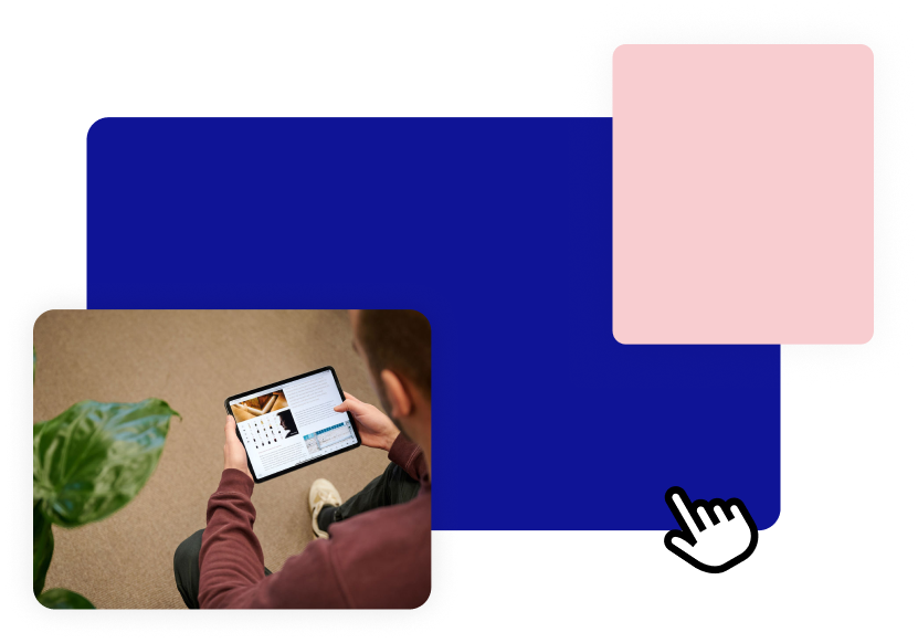 Visual containing a photo of a person holding a digital publication on a tablet