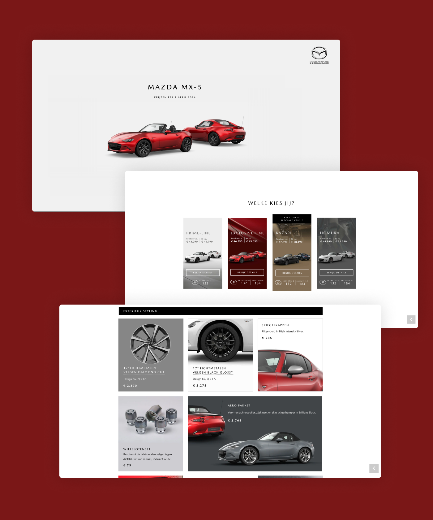 This publication showcases all specs of the Mazda MX-5 such as colours, accessories, and prices.