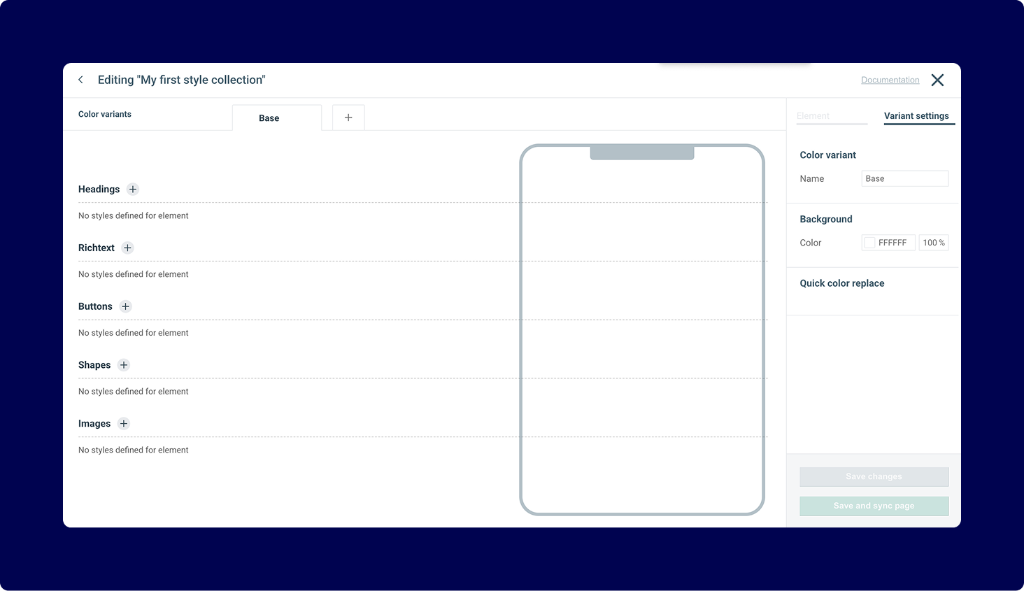 Screenshot of an empty style collection