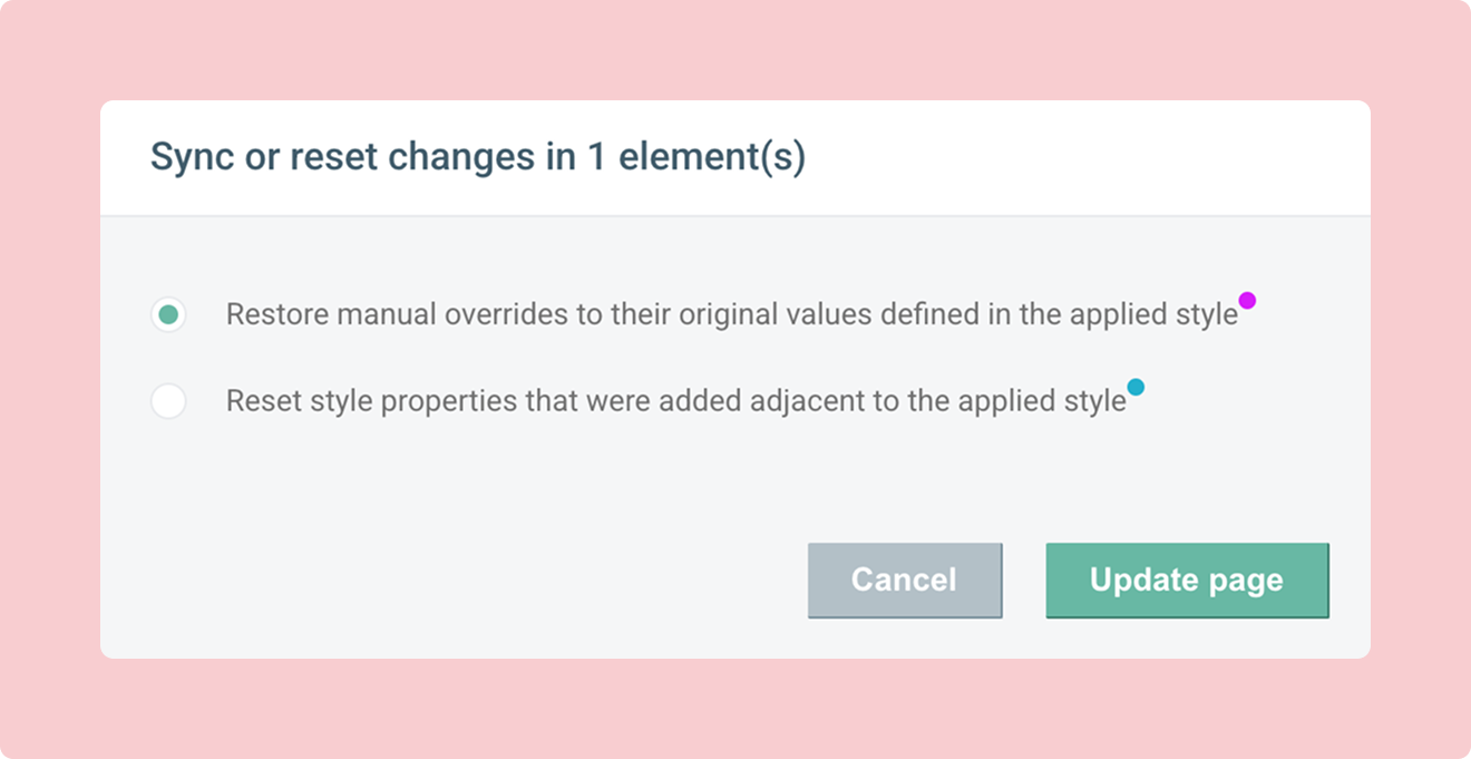 Screenshot of the sync and reset pop-up